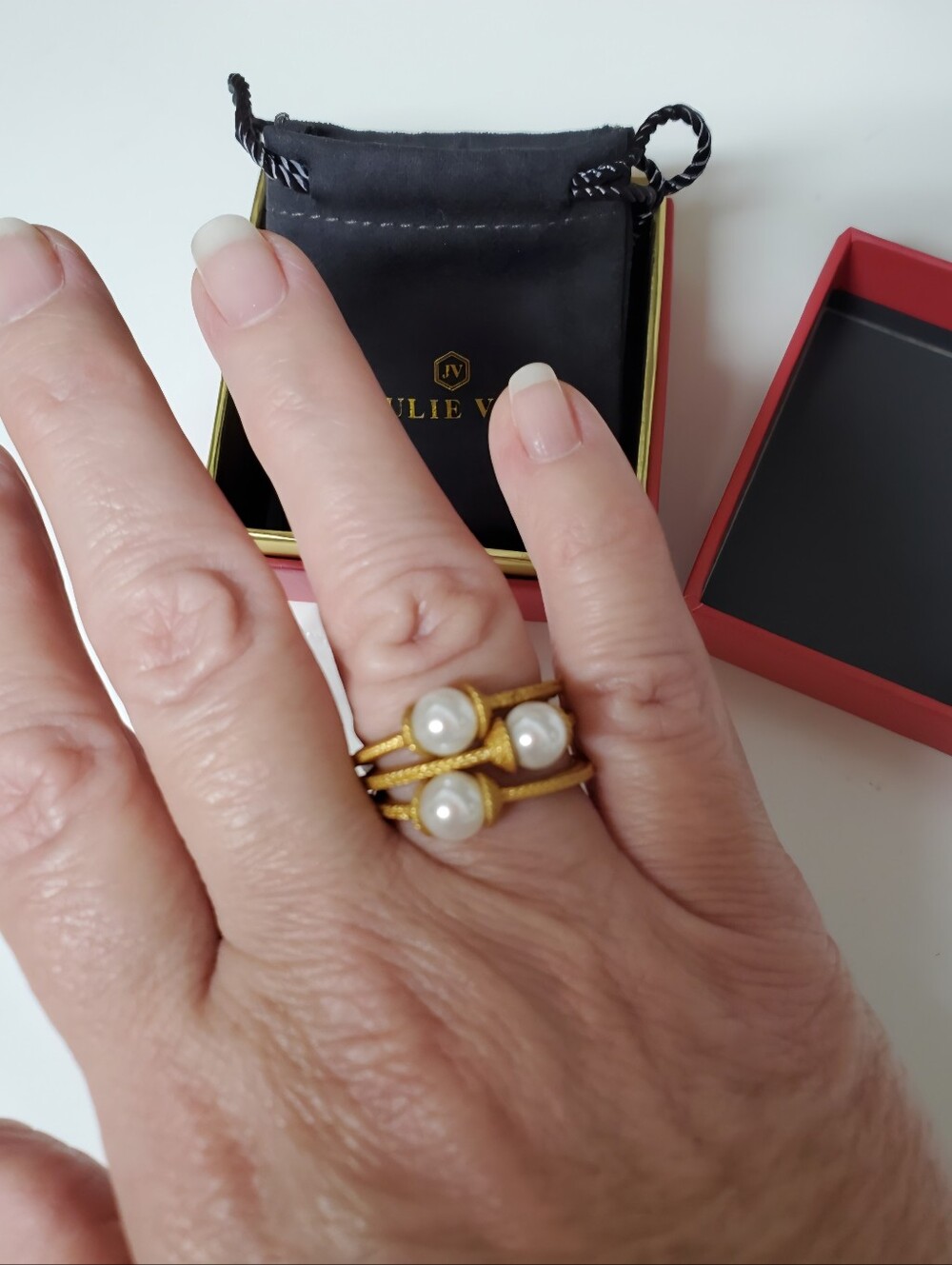 Julie Vos Calypso Trio Pearl Ring Set 24K Gold Plate Size 8 Pouch & Gift Box NWT